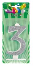 Picture of GIANT GLITTER NUMERAL CANDLE N.3 - SILVER 14CM